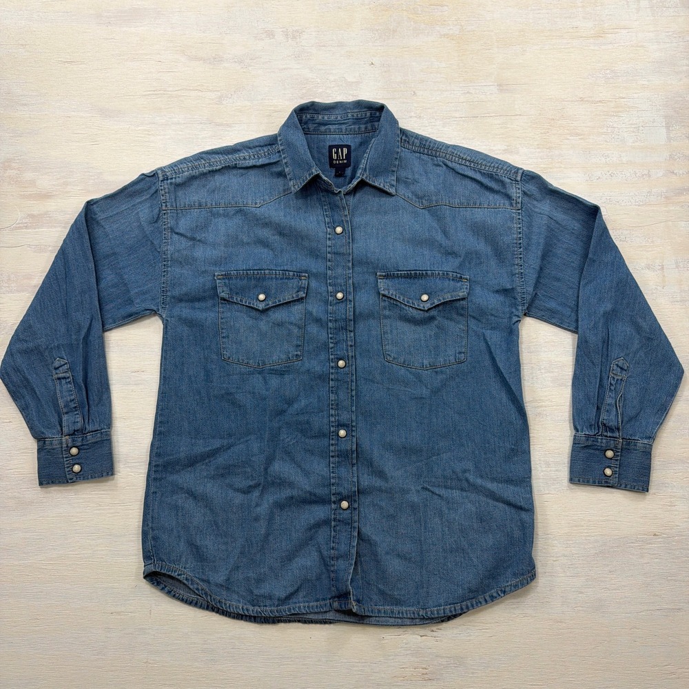 Gap Denim Shirt Y2K Western Small Pearl Snap Pockets Medium Indigo Blue Men